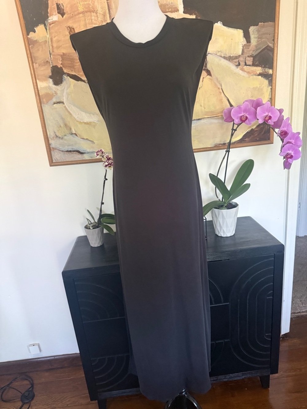 Lush Black Sleeveless Maxi Dress with Padded Shoulders
